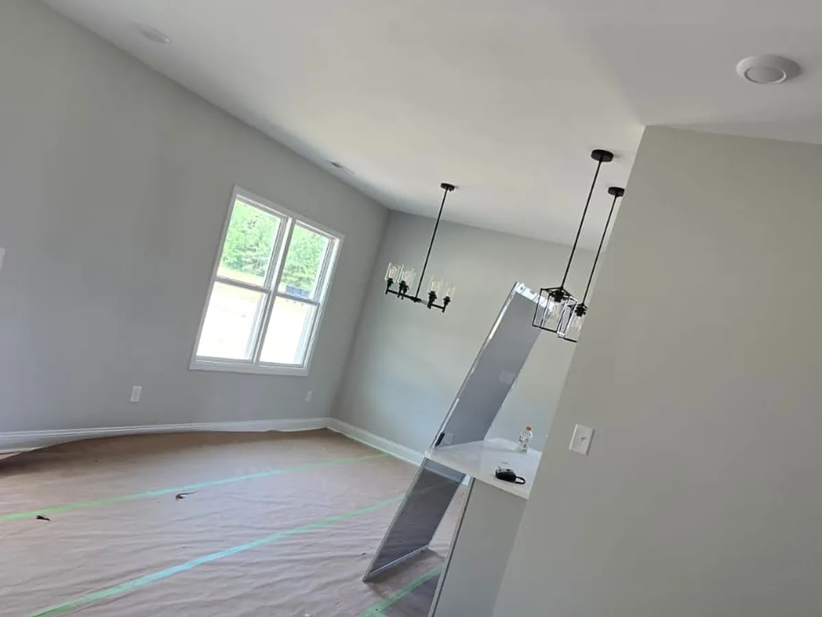 Vaulted living room with fresh gray walls and white trim in a new build